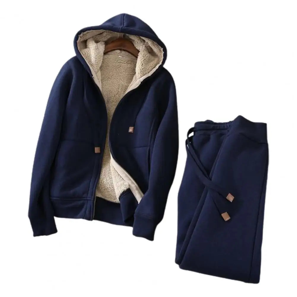 Women's Sweatshirt Pants Suit Autumn and Winter Warm Long-sleeved Fleece Thick Hoodie Coat Jogger Pants Sportswear Two-piece Set