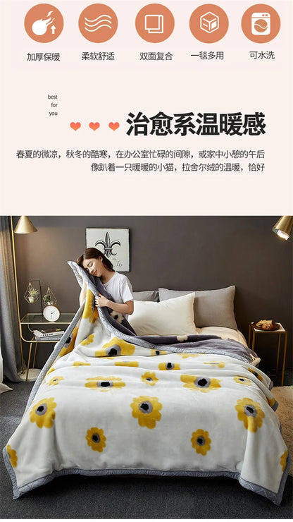 Double Sided Printed Autumn Winter Blankets for Bed Soft Warm Encrypted Flocking Raschel Blanket Skin Friendly Weighted Blanket.