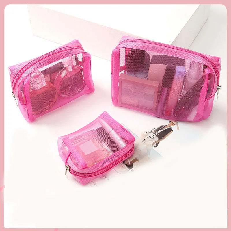 3Pcs/Set Small Large Cosmetic Bags Simple Mesh Storage Toiletry Bag PWomen Female Lightweight Transparent Makeup Bag with Zipper.