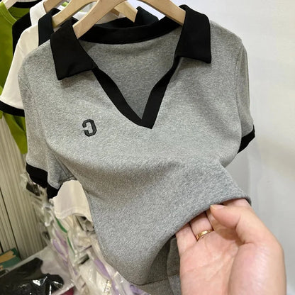 Summer Hot Sale Of The Season Women's Grey Short Sleeve Polo Neck T-Shirt Pure Cotton Slim Fit Base Shirt Trendy Top Quality Chi.