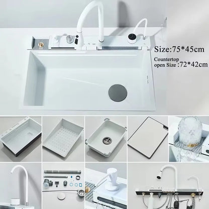 Stainless Steel Kitchen Sink with Hot Cold Pull Out Kitchen Sink Faucets Digital Large Single Bowl Waterfall Rain Kitchen Sinks