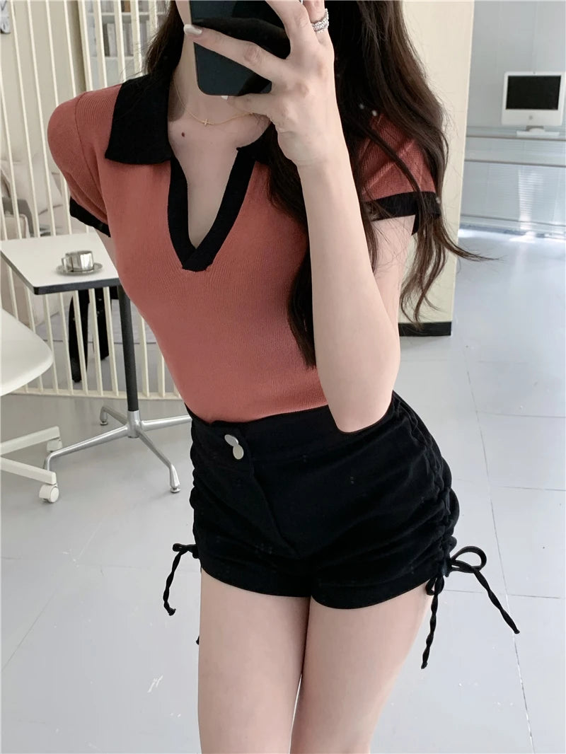 Jielur Spell Color Polo Knitting Women's Blouses Slim Sexy Short Sleeve Summer New Casual Female Blouse Chic Simple Office Lady.