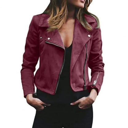 Biker Kurze Pu-Lederjacke Damen Einfarbig Revers Langarm Zip Up Kurze Jacke Mantel Punk Zip-Up Revers Kurzmantel Jacke.