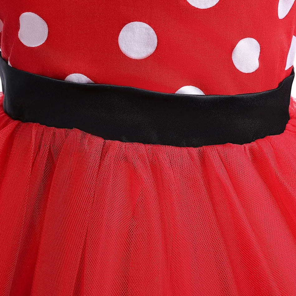 Disney Minnie Maus Polka Dot Kleid Mädchen Rosa Rot Sommer Kleidung Kinder Geburtstag Karneval Weihnachten Party Bogen Mesh Kleid Kostüme.