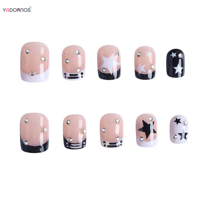 Short Square Fake Nails Y2K Style Nails Press on White/Black French Tips Star Diamond Designs False Nails for y2k Girls 24Pcs.