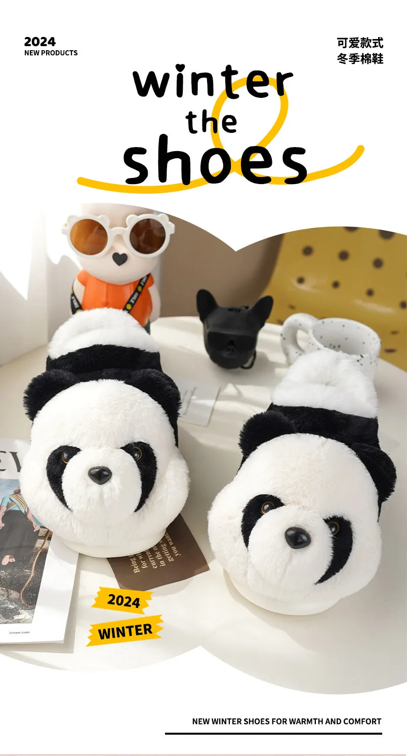 New Women Indoor Fluffy Slippers Cute Cartoon Panda Winter Warm Shoes For Couples Soft Plush Light Weight Women Men Home Slipper.