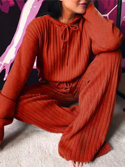 Autumn New Knitted Cotton Sliver Hooded Women's Long Pants Suit Casual Fashion Drawstring Lace Up Pants Female 2 Piece Set 2025