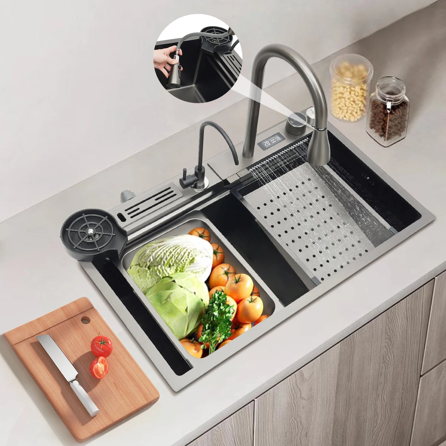 Küchenspüle aus Edelstahl mit ausziehbarem Wasserhahn, Wasserfallspüle mit Digitalanzeige, multifunktionale Küchenspüle für die Arbeitsstation