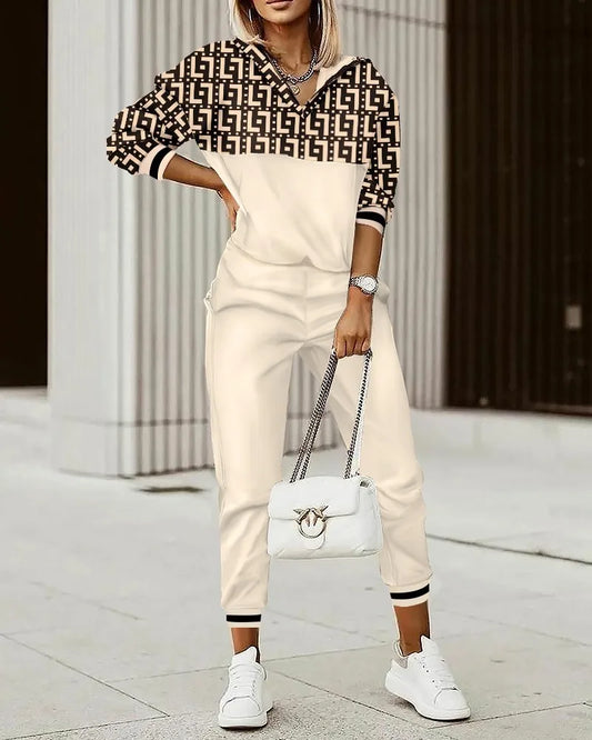 New Fashion Women Plaid Print Splicing Zipper Front Hooded Top & Pants Set Two Pieces Suit Flare Pants Outwear Autumn Outfits.