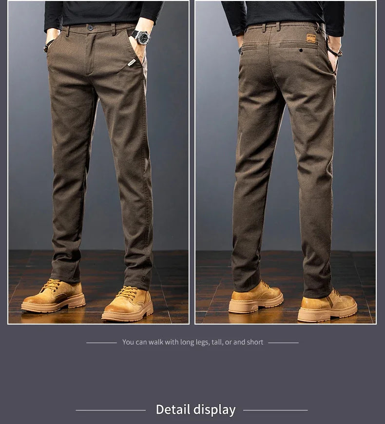 Men's Twill Slim Pants Business Straight Cotton Casual Trousers Brand Fashion Korean Elastic Coffee Black Gray Pant.