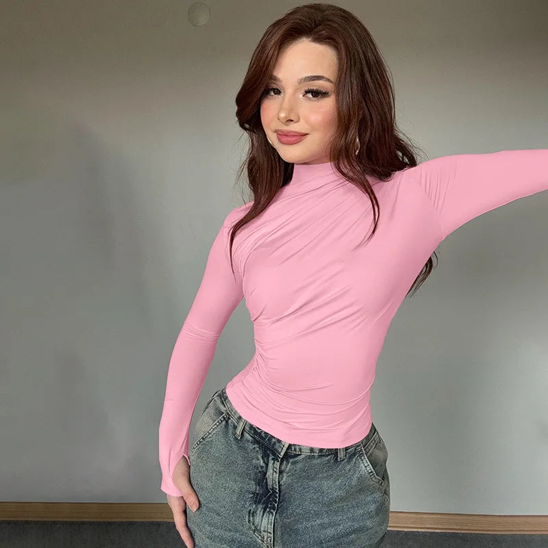 Solid Color High Neck Elegant  Tops For Woman Fashion Chic Pleated Long Sleeves Slim Shirt Spring Autumn Ladies Sexy Blouses.