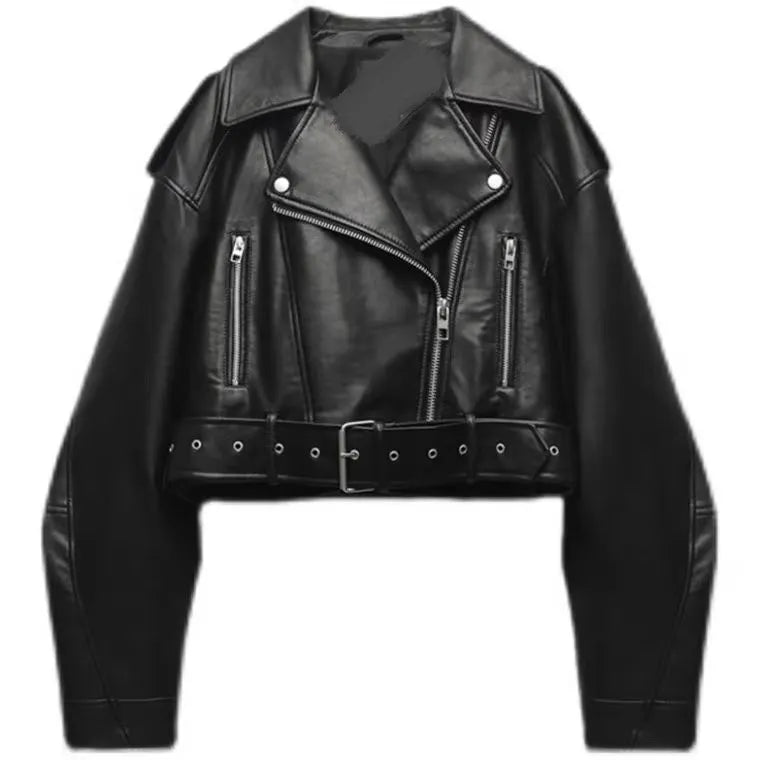 Traf Frauen übergroße Vintage lose Pu Kunstleder kurze Jacke mit Gürtel Streetwear weiblichen Reiß verschluss Retro Moto Biker Mantel Outwear.