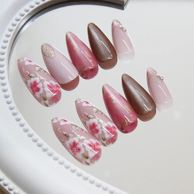 24Pcs Peach Blossom Press on Nails Cat's Eye Nude Glitter False Nail for Women&Girl Spring and Summer Detachable Wearable Nail.