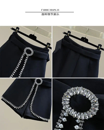 2025 Spring Summer New Simplicity Fashion Diamonds High Waist Shorts Women Clothes Fashion Patchwork Solid Color Wide Leg Pants.