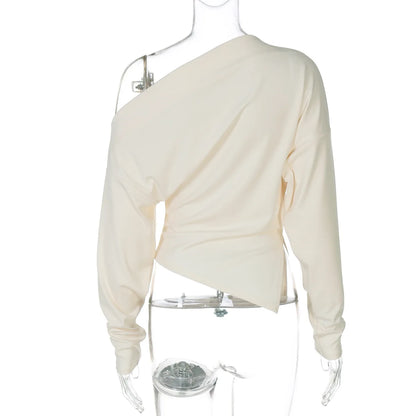 Women Casual Top Fashion Slim Slit Long Sleeve Pullover Top Sexy Strapless Pleated New Party Looks Top Female Streetwear