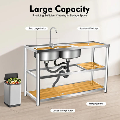 Freistehendes Doppelwaschbecken-Set aus Edelstahl mit Wasserhahn, 3-stufiges Aufbewahrungs-Küchenspüle-Set für den gewerblichen Gebrauch in der Küche, Wäsche