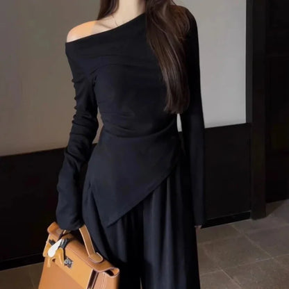 Spicy Girl Apricot One-Shoulder Base Shirt Women's Slim Fit Asymmetrical Long Sleeve T-Shirt Spring Autumn Inner Wear Top.