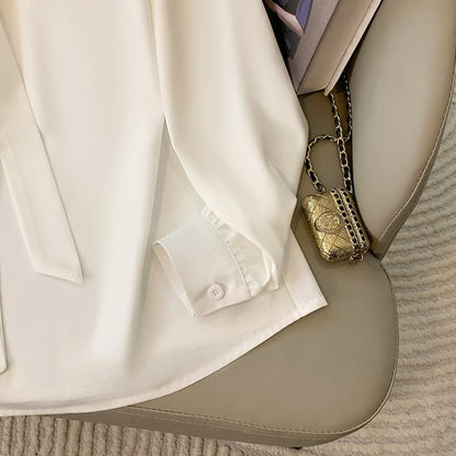 Loose Long Sleeve V-Neck Work Shirt for Women Plus Size Women's Blouses Fashion Versatile Autumn Bow Tops Trendy Business Shirts.