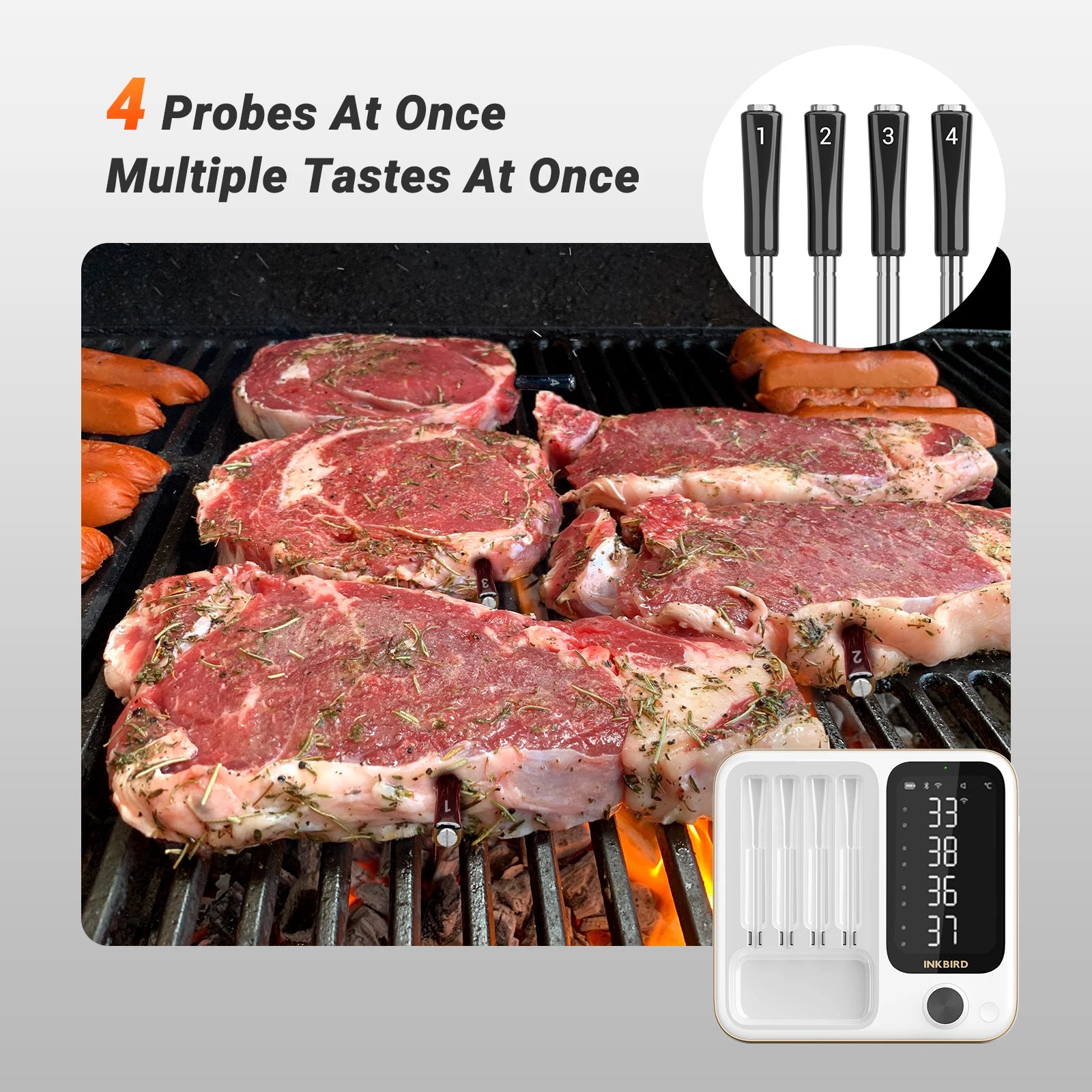 INKBIRD INT-14-BW 3-Mode WiFi/Bluetooth BBQ Thermometer, 4 Wireless Probes, IP67 Waterproof, ±1℃, 25H Battery, Smart App Control.