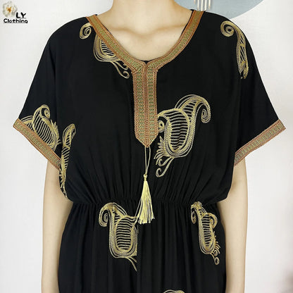 New Dubai Fashion Women Party Evening Dress 2024 Summer Short Sleeve Elasticity Embroidery Femme Robe African Islam Loose Abaya.