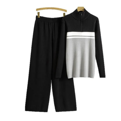 Muslim Knit Suit Women Two Piece Sets Pullover zipper high collar Sweater Knitted Wide Leg Pants Outfits Knitwear 2025 autumn.