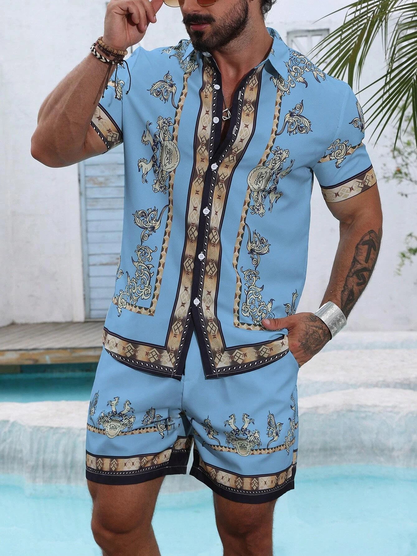 Baroque Luxury Printed Men's Shirt Shorts 2 Piece Set Summer Casual Shirt Hawaiian Beach Short-sleeved Men's Suits Clothing.