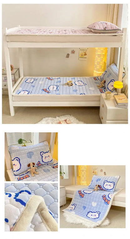 Cartoon Printed Warm Bed Mattress Super Soft Cozy Milk Velvet Single Bedding Protector Thick Tatami Mats for Autumn and Winter