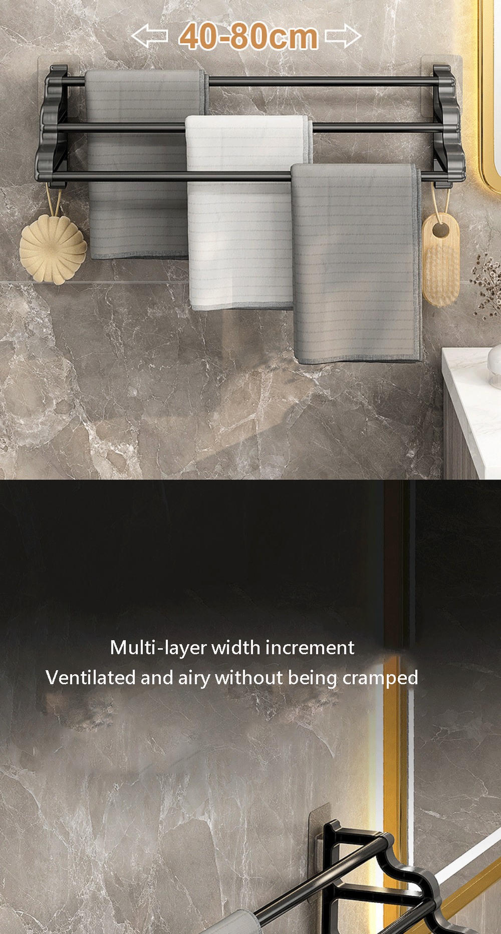 Handtuchhalter mit drei Stangen, selbstklebender, stanzfreier Handtuchhalter mit Haken, platzsparender Handtuch-Aufbewahrungsregal für Badezimmer
