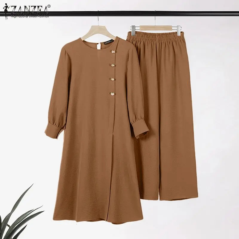 ZANZEA Muslim Abaya Suit Elegant Women Matching Sets Fashion Long Shirt Tops & Wide Leg Pants Ramadan Outfits Urban Tracksuits.