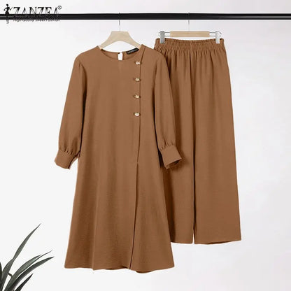 ZANZEA Muslim Abaya Suit Elegant Women Matching Sets Fashion Long Shirt Tops & Wide Leg Pants Ramadan Outfits Urban Tracksuits.