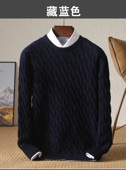 Autumn Winter Thickened Cashmere Sweater 100% Merino Wool Men's Top O-Neck Twisted Pullover Knitted Loose Long Sleeve Sweater.