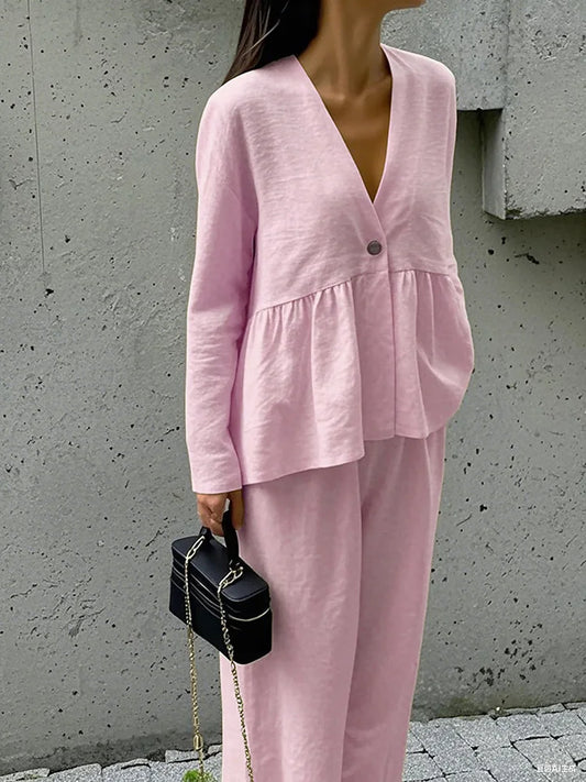 Summer Vacation Solid Color Simple Outfits Elegant V-neck Long Sleeve Tops&Wide Leg Pants Sets Fashion Loose Women's Commute Set.