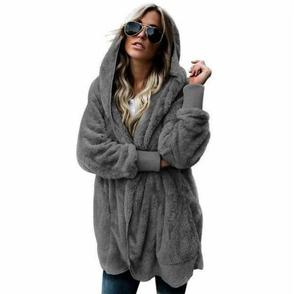 Herbst Winter Doppel Fleece Strickjacke Jacke Frauen Einfarbig Langarm Plüsch Warme Mit Kapuze Dame Jacke Übergroßen Oberbekleidung Mantel