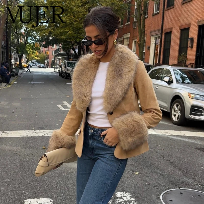 MUJER Kunstpelz-Leder-Blazer für Damen, Kunstleder, luxuriöse Damen-Blazer, Mäntel, Büro, taillierte Jacke, Damen-Winter-Oberbekleidung