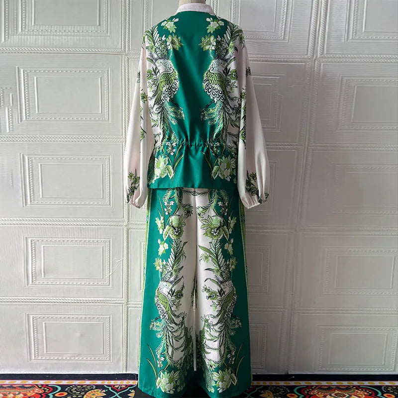 Summer Fashion Print Women's 2-piece Set Flower Zipper Baseball Uniform Drawstring Trousers Two-piece Outfit Elegant Office Suit.