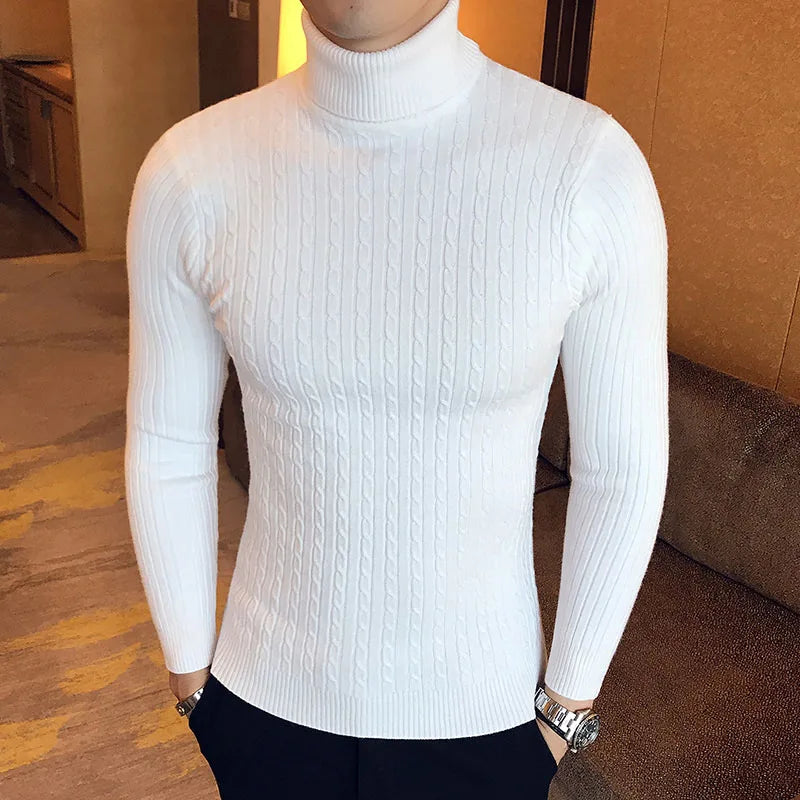Autumn Winter Men's Sweater Warmth Turtleneck Jacquard Slim Fit Sweaters Solid Color Basic Style Fahion Knitted Pullovers.