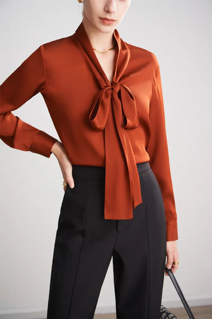 Silk Shirt Women's Thick Temperament Streamer 2025 Spring and Summer New Mulberry Silk Lace-up Design Shirt Long-sleeved Top