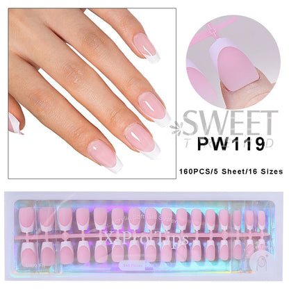 160pcs White Pink French Fake Press on Fake Nails Tips Short Square Full Cover Artificial Acrylic Fake Toenails For Nail Salons.