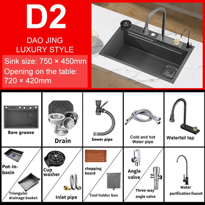 Large Single Slot Embossed Stainless Steel Waterfall Kitchen Sink  Household Wash basin Dishwashing  Sink For Kitchen