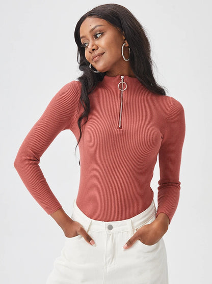 Frauen Fashion Solid Strick Pullover Vintage Langarm Zip-up Grundlegende Hälfte Rollkragenpullover Weibliche Pullover Chic Casual Tops