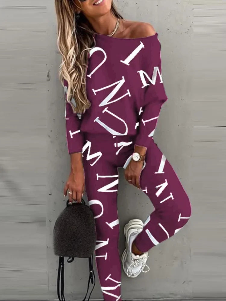 Autumn New Women's Fashion Letter Print Sexy Off Shoulder Long Sleeved Leggings Long Pants Casual Comfortable Two-piece Set.