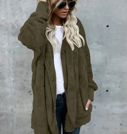 Herbst Winter Doppel Fleece Strickjacke Jacke Frauen Einfarbig Langarm Plüsch Warme Mit Kapuze Dame Jacke Übergroßen Oberbekleidung Mantel