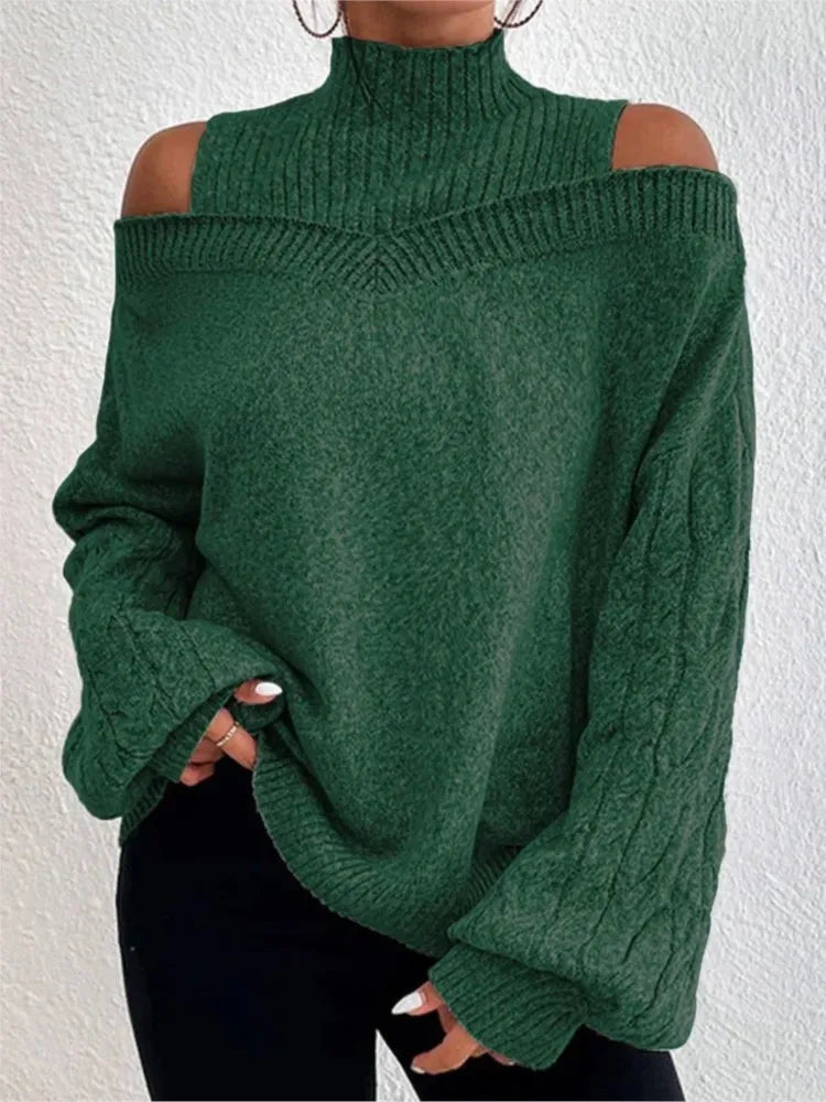 2025 Autumn Winter New Solid Knitting Off Shoulder Sweaters Elegant Office Lady Half High Collar Splice Loose Pullovers Sweater.