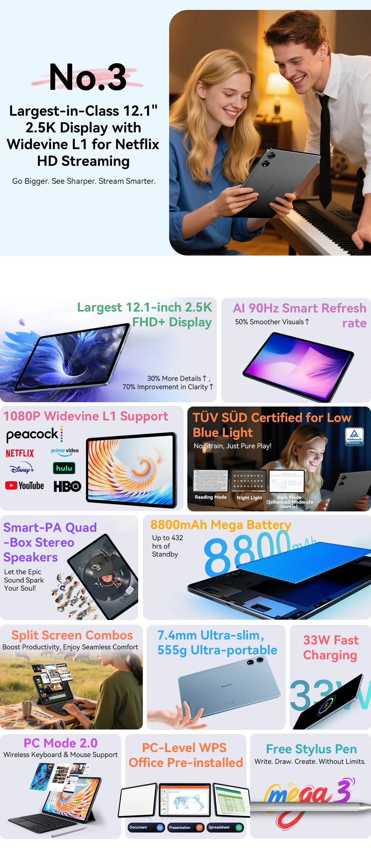 2025 Blackview MEGA 3 Tablet Android 15 Pad 12.1" 2.5K 90Hz Display 12GB 256GB 8800mAh Tablets PC 33W Fast Charging 50MP Camera