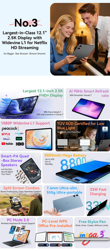 2025 Blackview MEGA 3 Tablet Android 15 Pad 12.1" 2.5K 90Hz Display 12GB 256GB 8800mAh Tablets PC 33W Fast Charging 50MP Camera