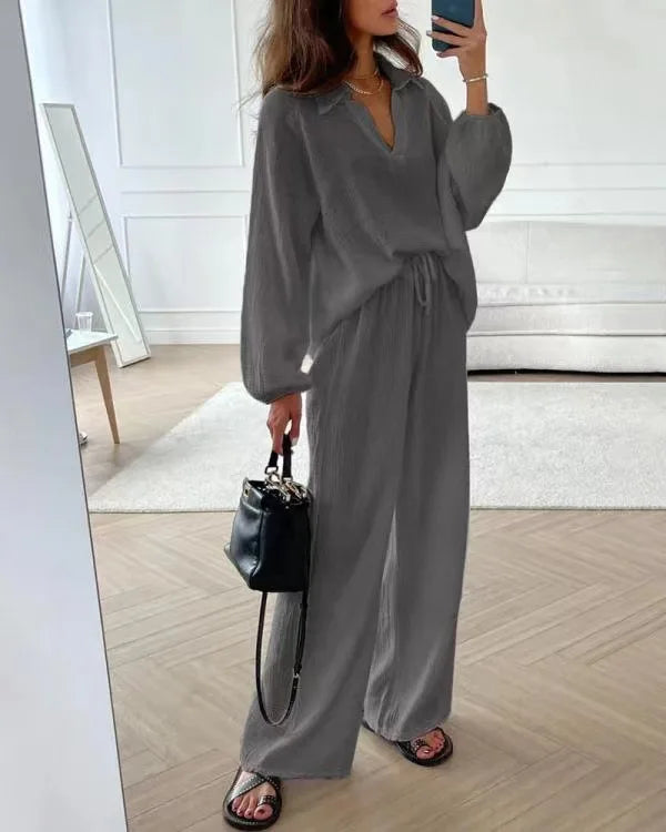 Women's Suit Solid Color Casual Loose 2025 Elegant Spring And Summer Fashion New Long-sleeved Lapel Top + Drawstring Pants Suit.