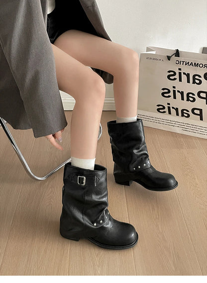 Winter Pleated Women Western Ankle Boots Fashion Rivet Belt Buckle Shoes Ladies Concise Vintage Thick Heel Short Booties.