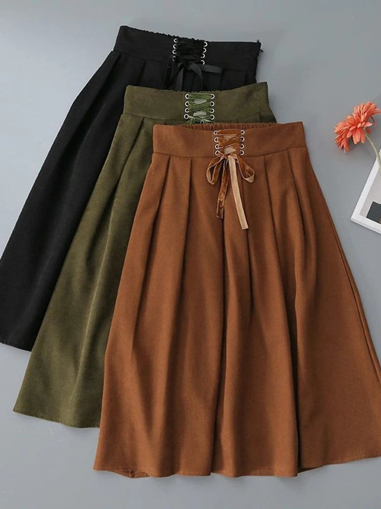 Preppy Style Vintage Long Skirts Women High Waist Sweet Loose A Line Skirt Lace Up Retro Fall Winter Female Elegant Long Skirts.