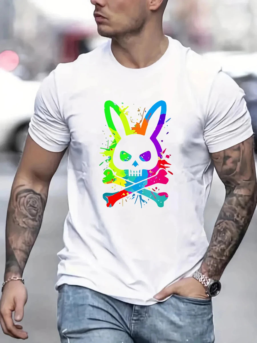 Men's summer 100% pure cotton fashionable casual loose color skull and rabbit print sports round neck short sleeved T-shirt top.