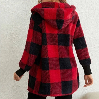 Frauen Herbst Winter Doppel Fleece Plaid Strickjacke Weiche Lose Lange Hülse Plüsch Warme Mit Kapuze Jacke Weibliche Patchwork Oberbekleidung Mantel